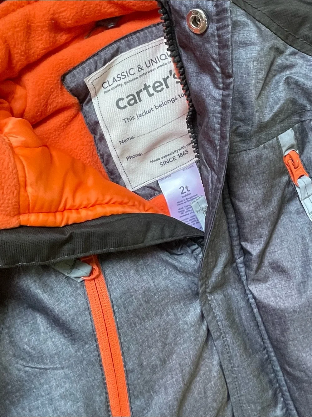 Carter's Boys Gray & Orange Two-Piece Winter Snowsuit Set NWOT Size 2T